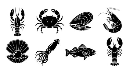 Various seafood silhouettes including shrimp, crab, and fish  