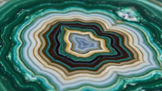 Close-up of a vibrant, multicolored agate slice with wavy, concentric bands in shades of green, blue, yellow, and brown on a white background.