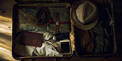 A vintage, dark-colored suitcase lies open on a rustic wooden floor, meticulously packed with an array of travel essentials including a classic straw hat, a rolled-up map, a film camera, a modern smar