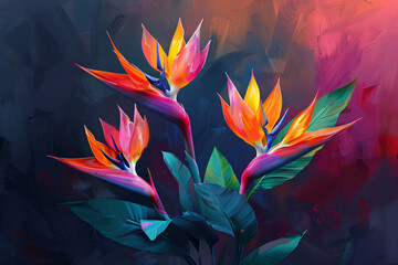Obraz premium Abstract art painting of bird of paradise flowers. Tropical plant with vibrant petals for creative design, exotic decor, graphic illustration.