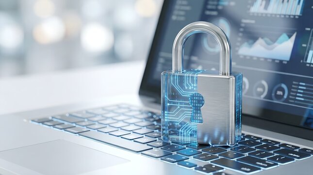 Concept of internet security and data protection. Digital padlock with glowing circuit and binary code placed on a laptop keyboard, representing cybersecurity, encryption, privacy, secure access and p