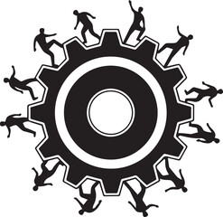 Silhouette athletes running jumping on industrial gear success teamwork motion progress innovation collaboration black white minimalist dynamic