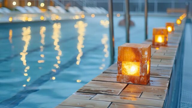 Enjoy a tranquil atmosphere as warm lights illuminate the calming water at a beautiful poolside setting in the evening