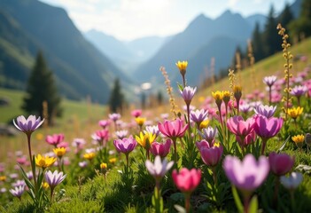 Obraz premium Colorful Alpine Meadow Overflowing with Spring Flowers Creating a Splendid Kaleidoscope of Nature's Essence