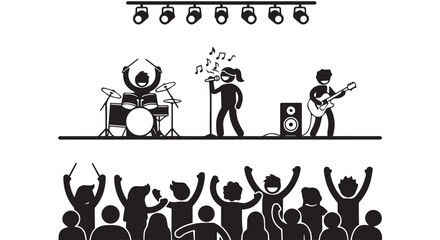Rock band performing live on stage with enthusiastic audience, black and white vector illustration, concert energy and music celebration