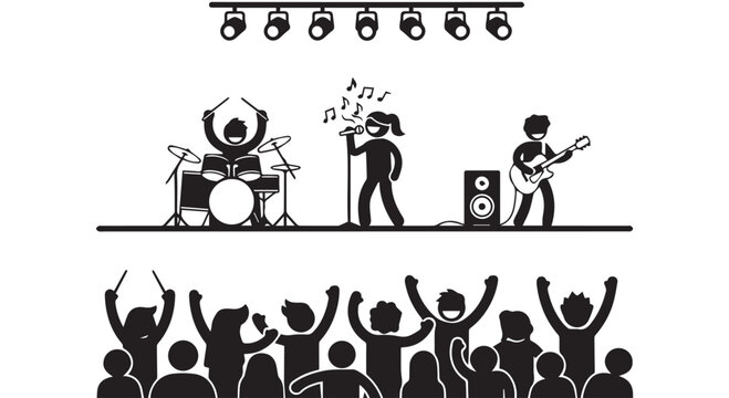 Rock band performing live on stage with enthusiastic audience, black and white vector illustration, concert energy and music celebration - Powered by Adobe