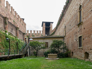 Interior courtyard of Castelvecchio (Museo di Castelvecchio), medieval fortress and museum in Verona, Veneto, Italy.