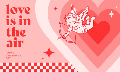 Obraz na płótnie Canvas Creative concept of Happy Valentines Day card. Trendy art design with little Cupid, hearts, geometric shapes and typography. Template for celebration, ads, branding, banner, cover, label, poster, sale