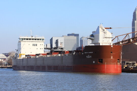Great Lakes bulk carrier ship arrives with a load of iron ore taconite pellets from Minnesota to the local steel mill