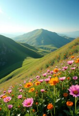 Obraz premium Enchanting Rolling Hills Adorned with Colorful Wildflowers Blooming Across Expansive Green Fields