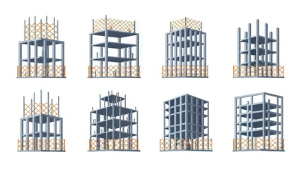 Building Construction Site Icons: Concrete Frames and Scaffolding Elements