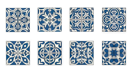 Blue and White Decorative Ceramic Tile Patterns Set