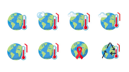 Planet Earth Climate Change Icons with Thermometer and Clouds