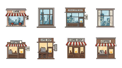 Set of pixel art coffee shop storefronts and windows with city views