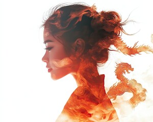 A woman with fiery dragon imagery