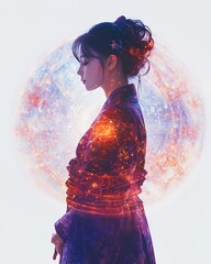 Silhouette of woman with cosmic background.