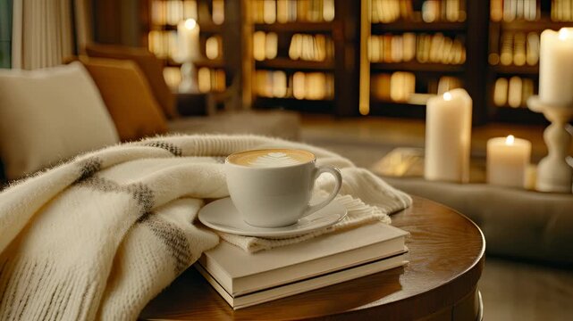 Enjoy a serene moment featuring a warm cup of coffee, a soft blanket, and a stack of books in a calming, cozy atmosphere