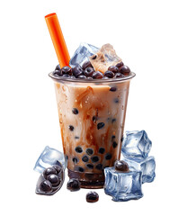 Transparent cup of brown bubble tea with ice