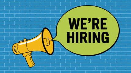 Vibrant hiring announcement with megaphone on blue brick wall background