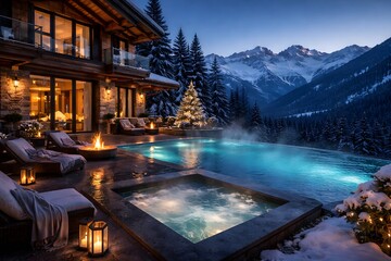 Luxury mountain chalet with heated pool and snowy alpine background
