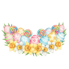 Soft watercolor Easter egg border with narcissus flowers and swirled lollipops, PNG with alpha channel.