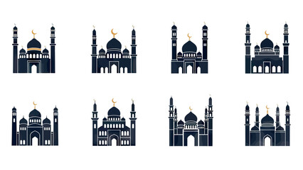 Islamic Mosque Architecture Silhouettes with Golden Crescent Moon Tops
