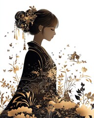 Elegant woman in traditional attire with flowers.