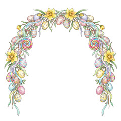 Pastel Easter egg garland with flowing ribbons and spring flowers, cut-out isolated on transparent.