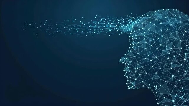 Visual representation of a human head made of data points capturing the essence of digital thought and neural networks in action
