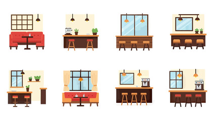 Cafe and Bar Interior Scenes with Seating and Counters