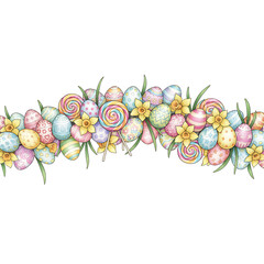 Horizontal Easter egg border with sweets and spring flowers, isolated subject with transparency.
