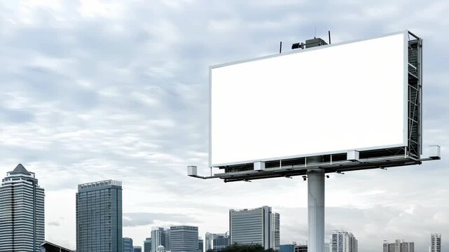 An empty billboard is prominently positioned against a backdrop of modern buildings and cloudy skies, highlighting urban development