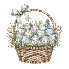 Wicker Easter basket with patterned eggs and a mix of spring garden flowers, transparency included.