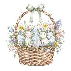 Pastel Easter basket featuring floral eggs, narcissus, and spring tulips, isolated subject for design.