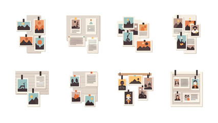 Collection of pinned photos and documents on bulletin boards