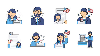 People Voting and Holding Flags in Election Process Vector Icons