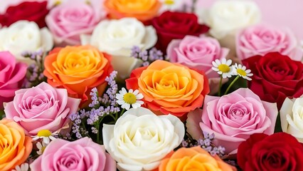 Vibrant bouquet of fresh cut roses and daisies