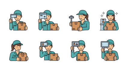 Delivery workers holding packages, scanning items, and using tools