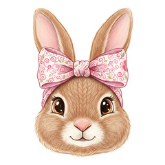 Adorable bunny rabbit girl with a pink floral bow, digital pencil drawing on transparent background cut-out for Easter cards