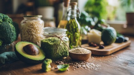 Fresh Ingredients for Healthy Cooking Featuring Greens, Oils, Seeds, and Whole Foods on a Rustic Kitchen Countertop with Natural Light
