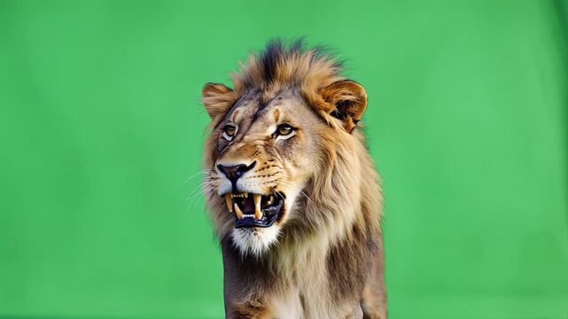 A fierce lion with a mighty roar stands against a green screen in this captivating video featuring a powerful and intense wild animal.