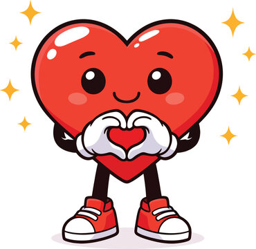 Cute Heart Mascot Making Hand-Heart Gesture &ndash; Valentine&rsquo;s Day Sticker Style Illustration