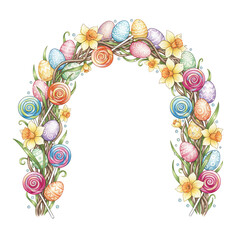 Festive spring archway made of branches, easter eggs, and yellow flowers, clean cut-out on transparent background for greeting card frames