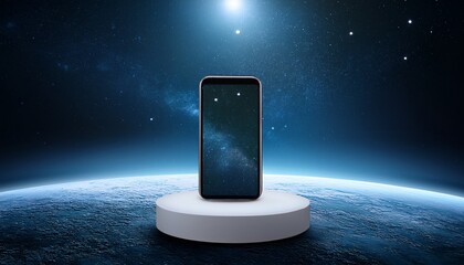 smartphone on a podium in a space landscape