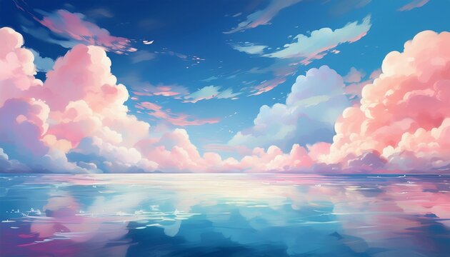 watercolor sky above water puffy clouds backdrop for dreamlike ethereal projects