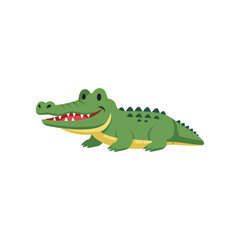 Fototapeta premium Cartoon crocodile smiling cheerfully while resting on a sandy riverbank with lush greenery