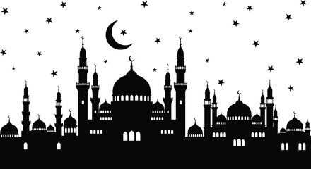 Islamic mosque skyline silhouette, crescent moon and stars, Ramadan night scene, religious architecture, spiritual cityscape, black and white illustration