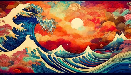 colorful japanese wave ukiyo e painting a psychedelic fractal landscape abstract watercolor background with painting