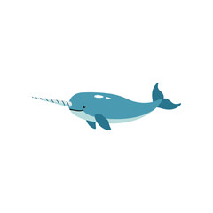 Cartoon illustration of a cheerful narwhal swimming in a bright, simple ocean scene © Sugar