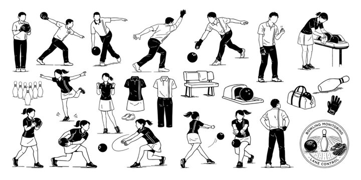 ボウリングの基本動作と人物ポーズの線画イラスト集、Bowling Player Poses and Basic Actions Line Illustration Set
